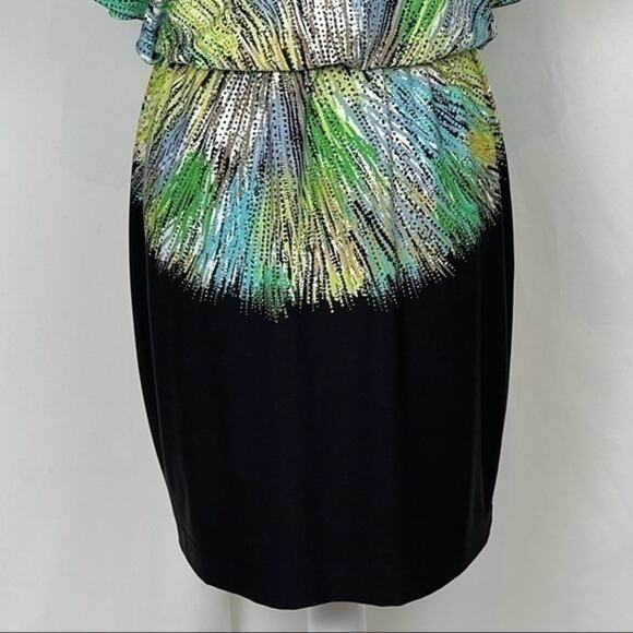 Maggy London Black W Bold Starburst Print Blouson Dress NWOT Size 6 - Picture 6 of 9